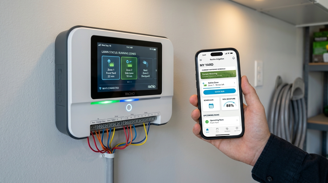 Smart Wi-Fi irrigation controller on clean garage wall
