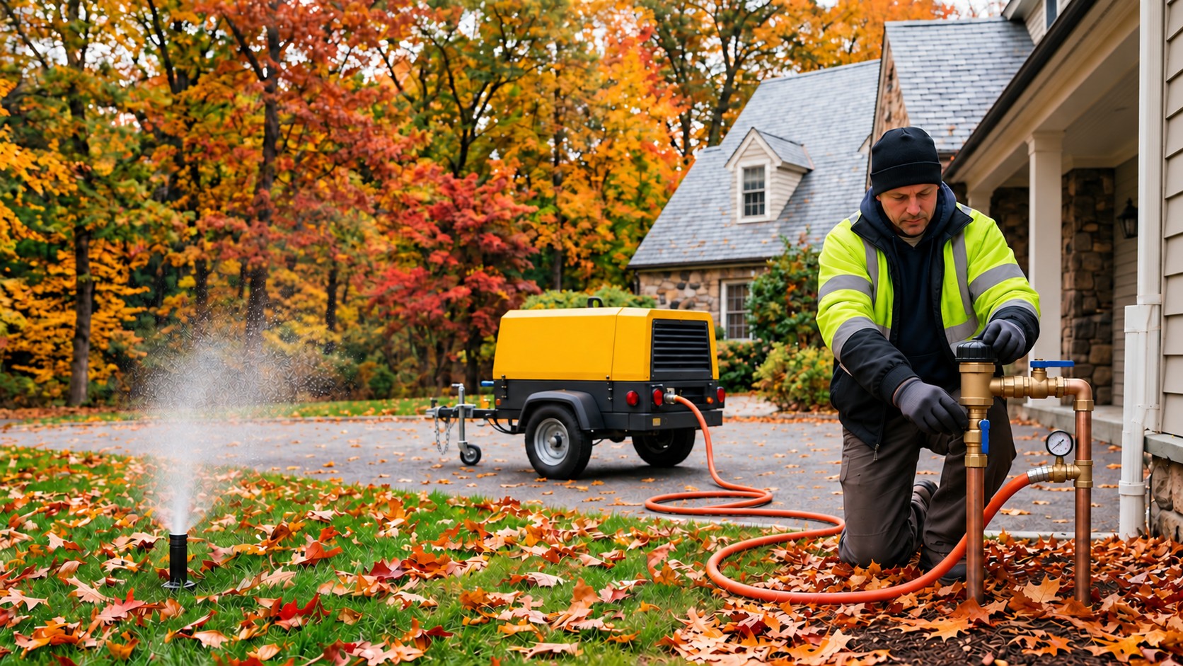 Commercial compressor blowing out residential sprinkler system